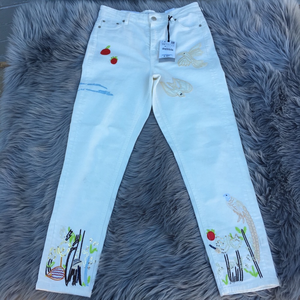 Zara Women White Embroidered Pants NWT